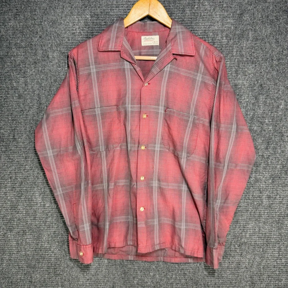 VTG 60s Manhattan Mansmooth Red Shadow Plaid Loop Collar Cotton Shirt Mens Small